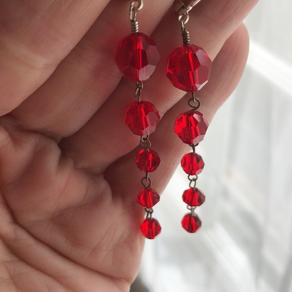 Vintage Red Cut Crystal Sterling Silver Lever Back Earrings Long Dangle - Picture 12 of 16